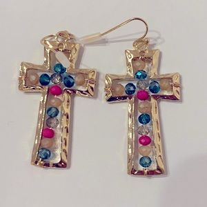 Gold tone and beaded cross earrings